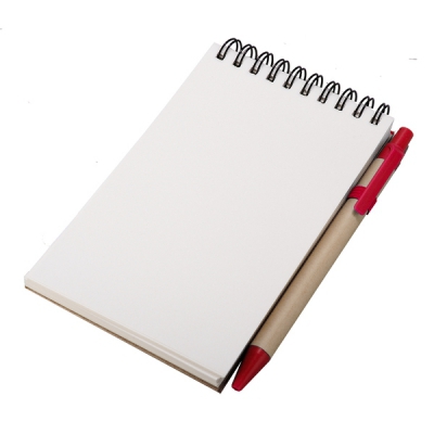 Notes Kraft 90x140/70k gładki z długopisem, czerwony/beżowy