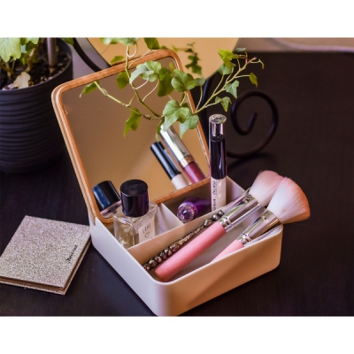 Pudełko z bambusową pokrywką i dużym lusterkiem Vanity, brązowy