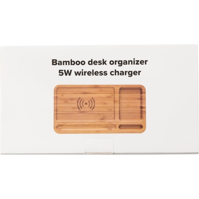 Bambusowy organizer na biurko, ładowarka bezprzewodowa 5W