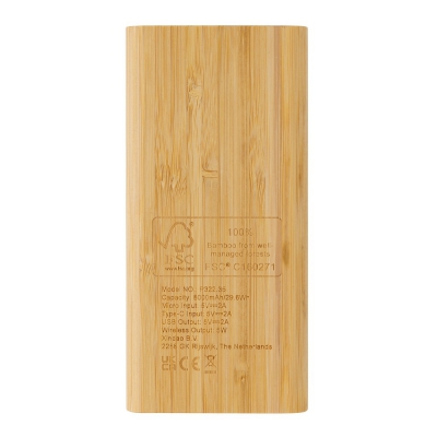 Bambusowy, bezprzewodowy power bank 8000 mAh, ładowarka bezprzewodowa 5W