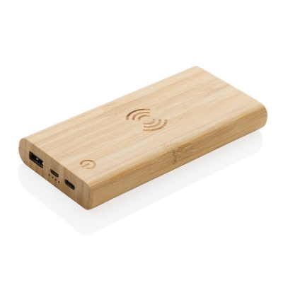 Bambusowy, bezprzewodowy power bank 8000 mAh, ładowarka bezprzewodowa 5W