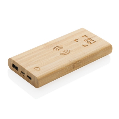 Bambusowy, bezprzewodowy power bank 8000 mAh, ładowarka bezprzewodowa 5W