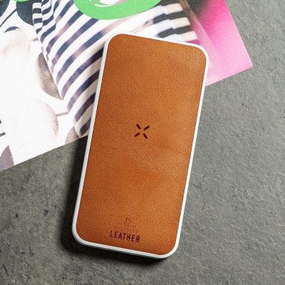 Bezprzewodowy power bank 8000 mAh z RABS, ładowarka bezprzewodowa 10W, element ze skóry z recyklingu