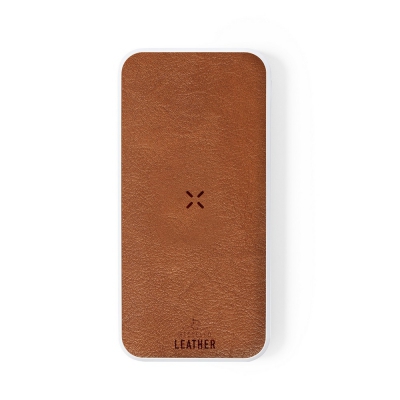 Bezprzewodowy power bank 8000 mAh z RABS, ładowarka bezprzewodowa 10W, element ze skóry z recyklingu