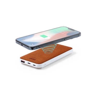 Bezprzewodowy power bank 8000 mAh z RABS, ładowarka bezprzewodowa 10W, element ze skóry z recyklingu