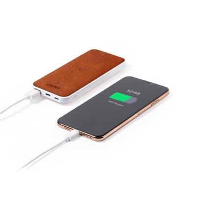 Bezprzewodowy power bank 8000 mAh z RABS, ładowarka bezprzewodowa 10W, element ze skóry z recyklingu